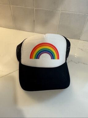 Black and White Trucker Hat with Rainbow Graphic